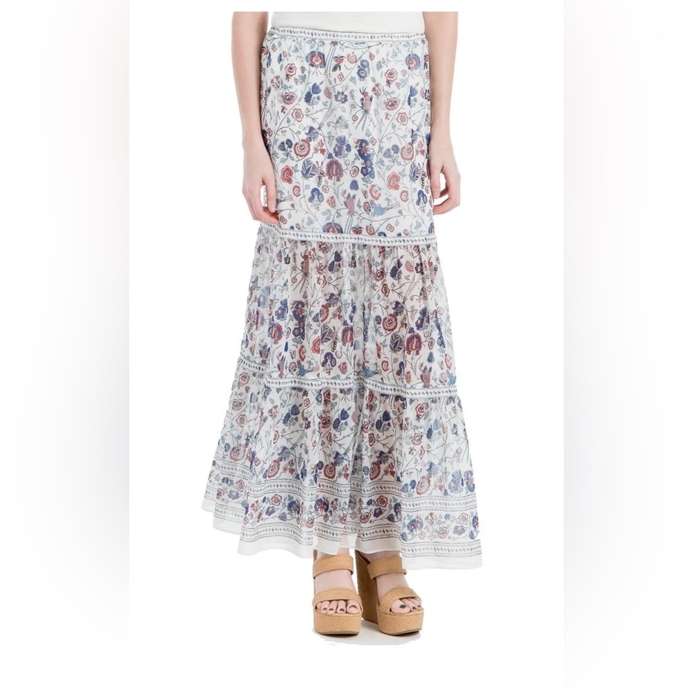 NEW Sophie Max Studio 7B02C18 Ivory/Blue Floral Crepe Chiffon Maxi Tiered Skirt